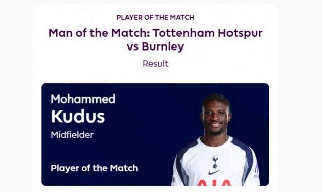 爱游戏官网入口-助攻双响，官方：热刺边锋库杜斯当选热刺vs伯恩利全场最佳球员